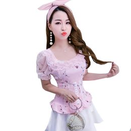 Women's Blouses & Shirts Women Shirt Summer Floral Embroidery Lace Blouse Sexy Slim Ruffles Short Sleeve Mesh Pink Sweet Ladies Blusas Tops