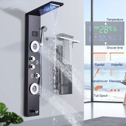 Luxury Black/Brushed Bathroom LED Shower Panel Tower System Wall Mounted Mixer Tap SPA Massage Temperature Screen