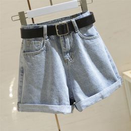 Ailegogo Streetwear High Waist Women Blue Denim Shorts With Belt Summer Casual Female Wide Leg Size 2xl Jeans 220427