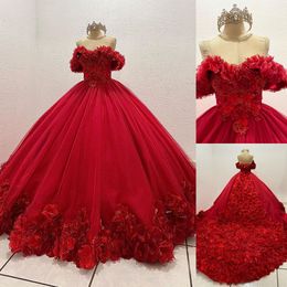 Red Ball Gown Wedding Dresses Applique Sleeveless 3D Flower Sweetheart Off Shoulder Simple and Stylish Tulle Floor Length Princess Plus Size Custom Made