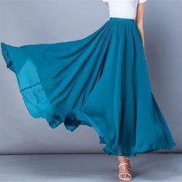 Spring Skirt 3 Layer Chiffon Long Skirts For Women Elegant Casual High Waist Boho Beach Maxi Saias Femme 80/90/100cm 220317