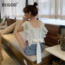 RUGOD 2019 Summer Women Solid Embroidery Lace Stiching Short Shirt Spaghette Strap Backless Lace Bow Blouse Stylish Crop Tops T200321