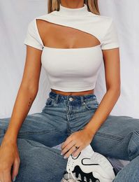 Women Cut Out Crop Tops Sexy Mock Neck Short Sleeve Solid Slim Fit Knit T-shirt For Daily Rave Party