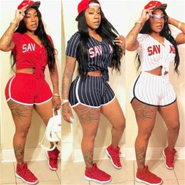 Women Baseball Jerseys Short Sleeve Shirts Striped Letter Print V neck Top Sexy Shorts Costume Set 220616