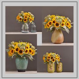 Decorative Flowers & Wreaths 9pcs/Bouquet Silk Sunflower Artificial Flower 46Cm Real Touch Fake Plant For Wedding Decoration Home Garen Deco