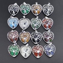 Pendant Necklaces Design Natural Stone Alloy Tree Of Life Heart Pendants Fashion Agate Platinum Charms DIY Jewelry Accessories Wholesale 1Pc