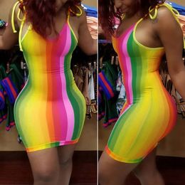 CHRONSTYLE Spaghetti Strap Sexy V neck Women Dress Party Off Shoulder Summer Rainbow Stripe Bodycon 220521