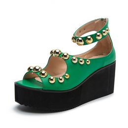 Summer Women Designer Sandals Zipper Wedges with Metal Beads on The Top Plus Size Shoes 43 for 220426
