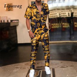 Vintage Printed Mens Summer Two Piece Sets Fashion Casual Short Sleeve Shirts And Long Pants Outfits Men Hipster Streetwear 220726