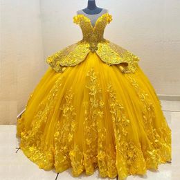 Charming Beaded Gold Quinceanera Dresses Tier Waist Junior Girls Birthday Party Gowns 3D Flower Lace Appliques Cinderella vestido de 15 anos