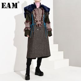 EAM Loose Fit Split Joint Fur Tassels Long Woollen Coat Parkas Sleeve Women Fashion Spring Autumn JK6690 201102