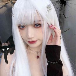 Long Straight Hair Synthetic Wig Silver White Black Bangs Cosplay Lolita Heat Resistant Party 220622