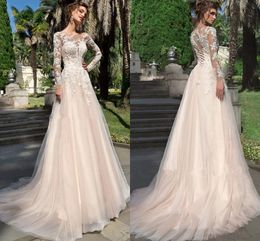 Long Sleeves Tulle Wedding Dress A Line Lace Appliques Bridal Gowns Lace Up Light Champagne Vestido De Noiva Mariage