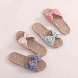 Suihyung Women Slippers Breathable Linen Slippers Sweet Bow Casual Flat Slides Girls Non-slip Indoor Home Shoes Ladies Sandals G220526