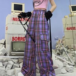 QWEEK Mall Goth Y2K Cargo Pant Hippie Purple Plaid Harajuku Streetwear Chain Checked Trousers Famale High Waist Aesthetic 220325