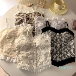 Women's Tanks & Camis H9ED Women Sleeveless Camisole Vintage Floral Print Lace Splicing Spaghetti Strap Crop Top Pear Buttons Shirred Ruffle