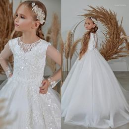 Girl Dresses Girl's Elegant Lace Tulle Flower Girls Dress Applique Sequins Kid Bridesmaid Robe Princess Pageant Party First Communion