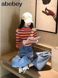 Winter Rainbow Knitted Women Sweaters And Long Sleeve Casual ONeck Pullovers Sueter Mujer Tops Striped Turtleneck Jumper L220815