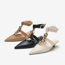 Dress Shoes Ladies Kitten Heel Chain Slingback Sandals & Slippers Metal Buckle T-strap Pointed Mules Outdoor Large Size 40Dress