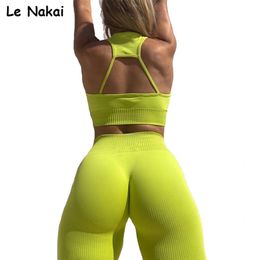 2PCS Women Gym Set Feamle Seamless Two Piece Crop Top Bra Push Up Legging Sportsuit Workout Outfit Sport Wear Clothes Fitness 220330
