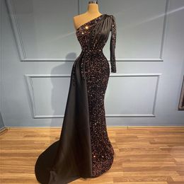 Black A-line Mermaid Prom Dresses One Shoulder Satin Lace Long Sleeve Sexy High Neck Elegant Sequins Sweep Train Evening Formal Dresses Girls Gowns