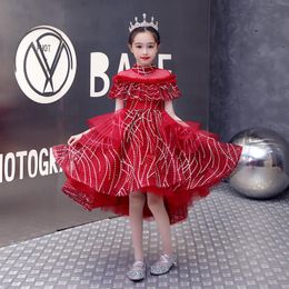 red glitter tulle NZ - Girl's Dresses Luxury Red Princess Puffy Girls For Wedding Evening Shiny Glitter Tiered Tulle Kids High Low Prom Gowns 2022Girl's