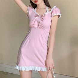 Lace Pink Girl s Waist Hugging Slimming French Summer 2021 New Style Temperament Dress 210322
