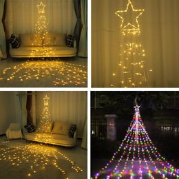 Strings 3.5m LED Waterfall Lights String Five-pointed Star Solar Curtain Garden Lawn Christmas Tree Wedding Party DecorationLED