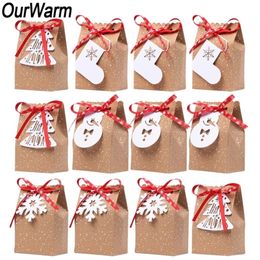 OurWarm 12Pcs Christmas Gift Boxes Xmas Party Favor Bags New Year Kraft Paper Candy Box with Snowflake Tag Christmas Party Decor 201006