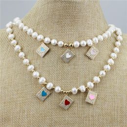 Pendant Necklaces 18inch 5pcs/lot Heart Shape Cz/enamel Necklace Colourful Plated Cz Component Jewellery Freshwater Pearl WholesalePendant