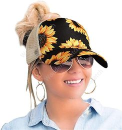 High Messy Buns Trucker Ponycap Hat Hallow Out Sunflower Mesh Cross Baseball Hat Women Sunflower Baseball Ponytail Hat 400pcs DAW456
