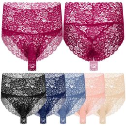 Underpants Sexy Mens See Through Floral Lace Shorts High Waist Open Bulge Pouch Sissy Nightwear Lingerie Breathable UnderwearUnderpants