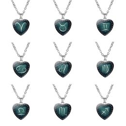 12 Constellation Glass Heart Pendant Necklaces For Women Trendy Zodiac Sign Clavicle Chain Choker Necklace Birthday Jewelry Gift