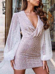 Sexy Bright Sequin Lantern Long Sleeve Dress 2022 Summer Fashion Slim Nightclub Party Dresses Female V Neck Bodycon Mini Robe T220816