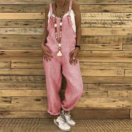 New Vintage Cotton Linen Jumpsuits Casual Women Overalls Wide Leg Pants Vocation Dungarees Long Trousers Female Loose Rompers 210326