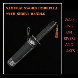 Katana Short Handle Fully Automatic Three fold Umbrella Men s Knife Umbrella Handle Personality Creative Trend Men s Umbrella 210320