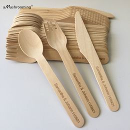 150pcs Disposable Cutlery Kitchen Set Personalized Name Date Party Spoon Fork Knife 16cm Ice Wood BBQ Bar Accessory 220509