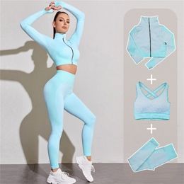 Seamless Women Yoga Gym Sports Suits Fitness Workout Running Clothing Sportswear Long Sleeve Crop Top Leggings Bra Athletic Set 220330