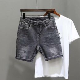 Jeans Black Mens Grey High-end Printed Denim Shorts Mens Korean Worn Elastic Slim Fit Cropped Pants Hip Hop Short TrousersMens lu'l'y