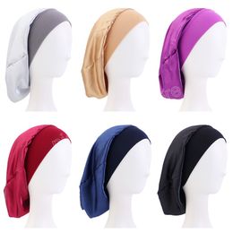 Fashion Wide Elastic Band Satin Bonnet Turban Cap For Long Hair Night Sleep Hat Head Wrap Brimmed Soft Headcover Soild Chemo Caps