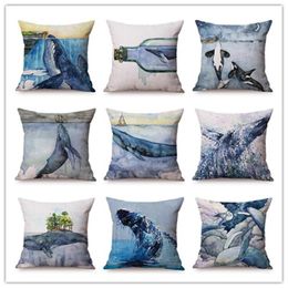 Cushion/Decorative Pillow Ocean Animal Style Blue Whale Printed Cushion Cover Water Colour Paint Dolphin Decorative Sofa Car Chair Throw Case