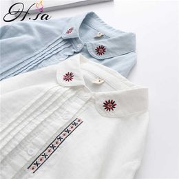 HSA Spring Japanese Sweet Embroidery Floral Embroidery Cotton Yarn Shirt Women's White College Style Casual Shirt Tops 210716