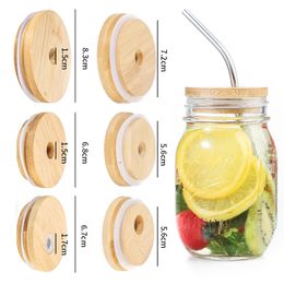 Bamboo Cap Drinkware Lids 70mm 88mm Reusable Mason Jar Lids with Straw Hole and Silicone Seal