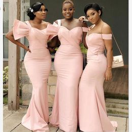 African Light Pink Designer Bridesmaid Dresses Off Shoulder Pleated Backless Mermaid Maid Of Honour Dress Wedding Guest Evening Gowns 403