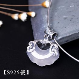 Chains Sterling Silver Chalcedony Pendant Retro Thai Pisces Women's Longevity Lock Collar Clavicle Chain AccessorieChains