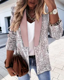 Women's Jackets Fashion Sequin Turn-Down Collar Blazer Lady Spring Autumn Casual Long Sleeve Thin Jacket Women Loose StreetwearWomen's