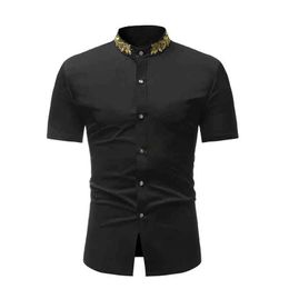Mens Luxury Gold Embroidery Dress Shirts Slim Fit Short Sleeve Button Up Shirt Men Formal Business Casual Shirt Chemise Homme L220704