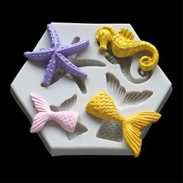 -Cozinha nova série oceânica Bakamento Diy Big Fish Tail Starfish Seahorse Seahorse líquido Silicone FONDANT Decoração de molde