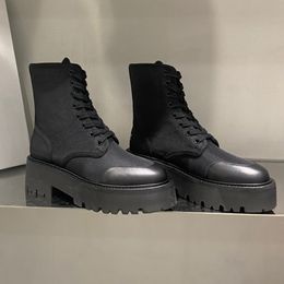 BLACK BULKY LACED UP BOOT IN NYLON AND SHINY BULL Designers Classic Knight Boots Women Leather Mid-calf Lace-up Chunky Platform Boots With BOX NO396