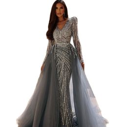 Blue Prom Mermaid V Neck spets paljetter Pärlor långärmad glitter elegant avtagbar sveplängd tåg kväll formella klänningar flickor klänningar